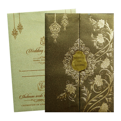 Brown Gold Padded Door Style Wedding Card-KRB08340