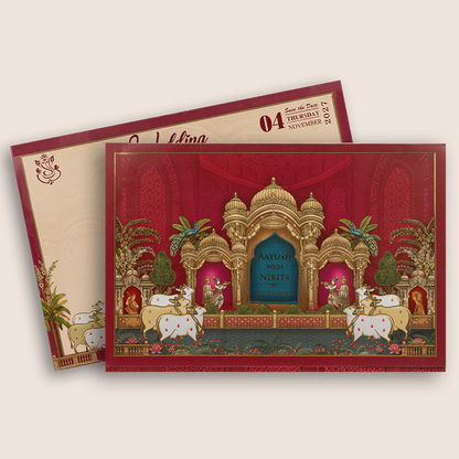 Maroon Elegant Palace Wedding Card - KSH73870