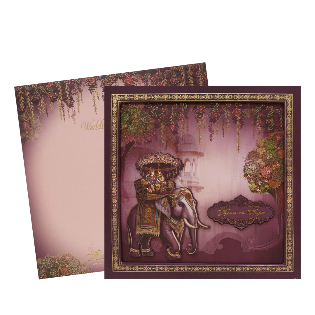 Purple Gold Elephant Palace Padded Wedding Card - KMMEX8030