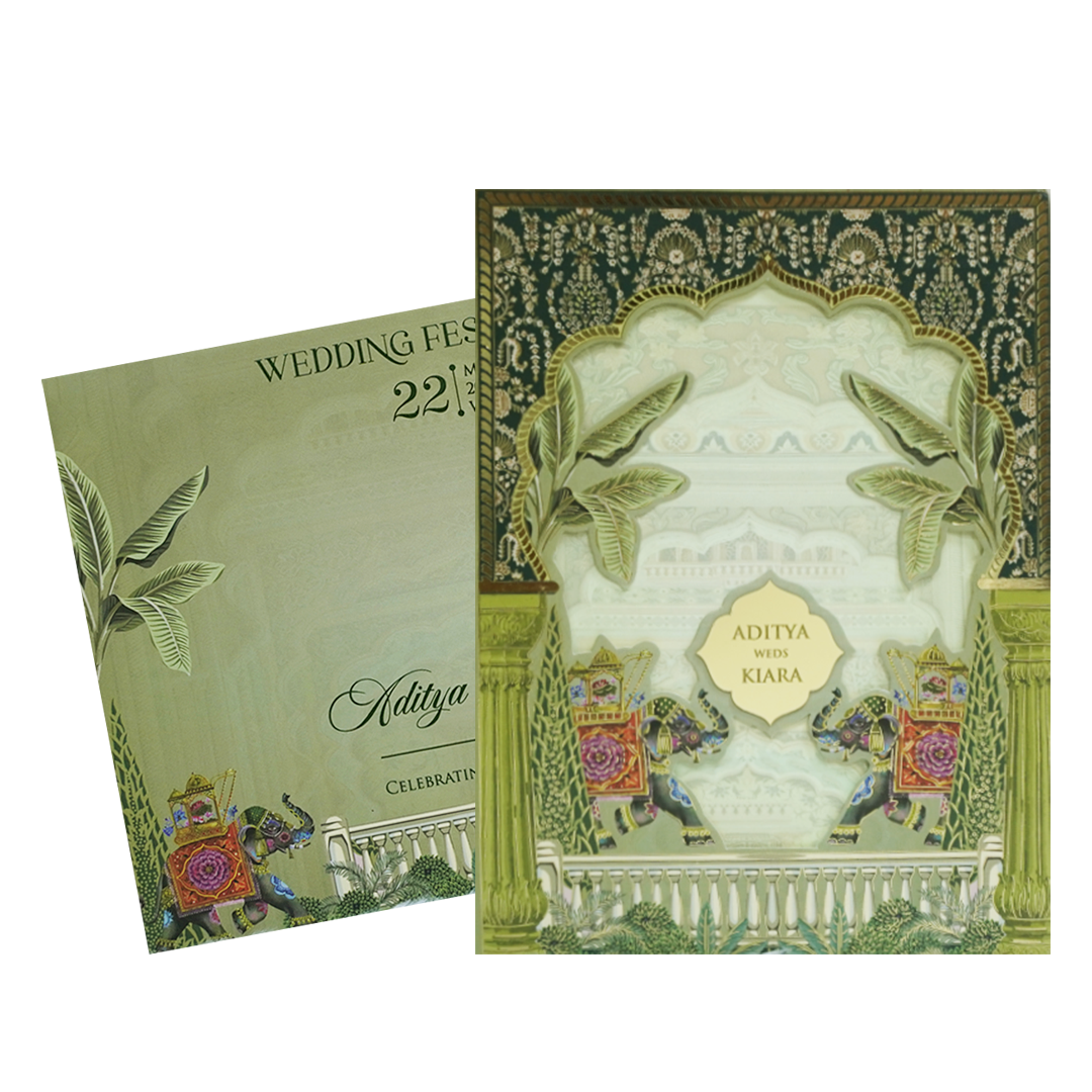 Green Palace Elephant Laser Cut Wedding Card - KFR16260