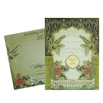 Green Palace Elephant Laser Cut Wedding Card - KFR16260