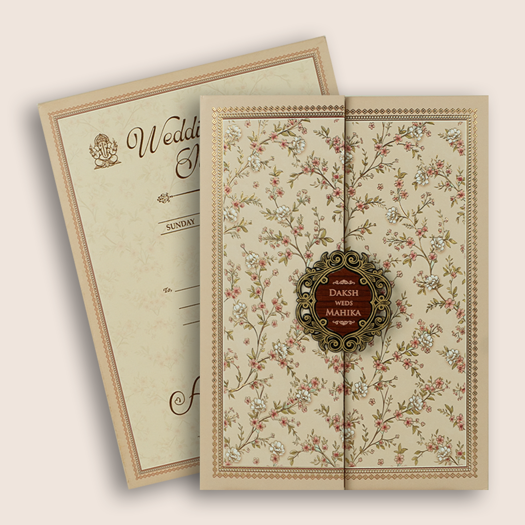 Pastel Peach Floral Door Style Padded Wedding Invitation Card - KSH18580