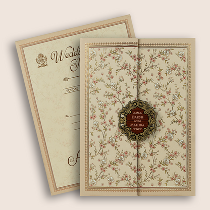 Pastel Peach Floral Door Style Padded Wedding Invitation Card - KSH18580