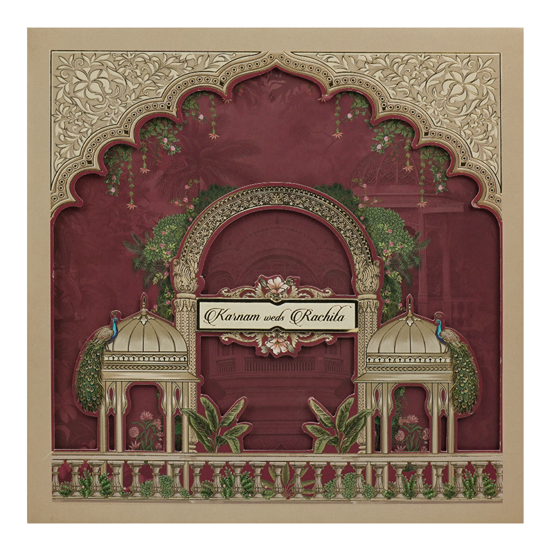 Maroon Padded Peacock Palace Wedding Card-KAK02000