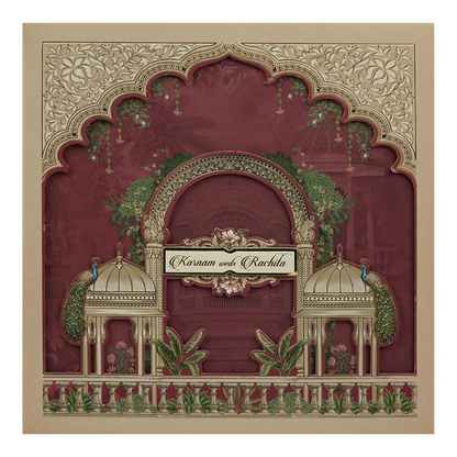 Maroon Padded Peacock Palace Wedding Card-KAK02000