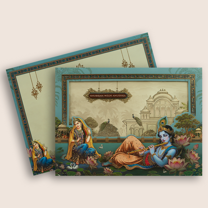 Blue Lord Radha Krishna Laser Cut Padded Wedding Card - KRB10570