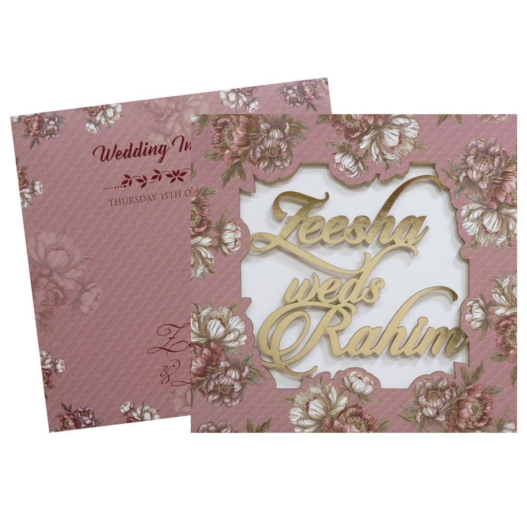 Pink Floral Script Acrylic Padded Wedding Card - KVN07510