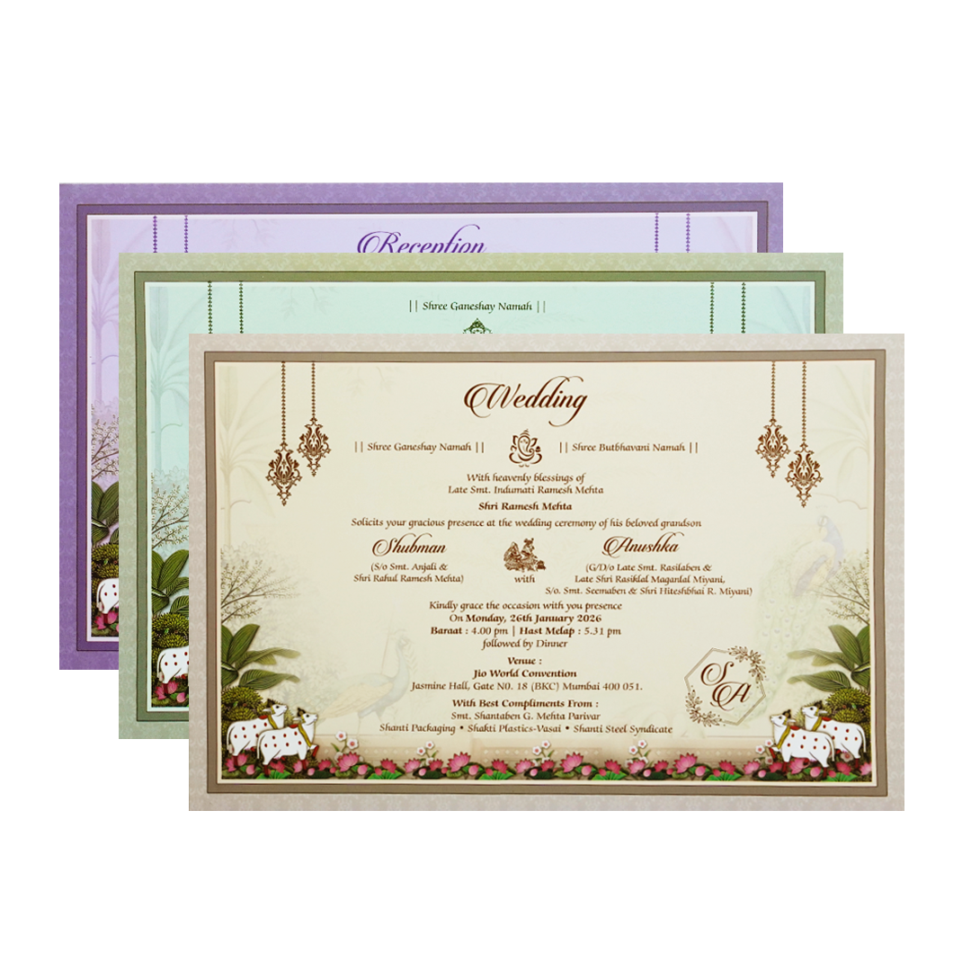 Pichwai Art Padded Embossed Wedding Invitation Card-KRB09610