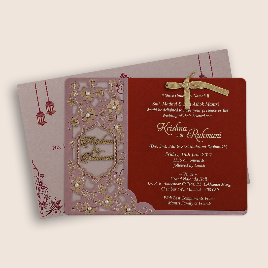 Metallic Pink MDF Floral Laser Cut Wedding Card - KJTS1941