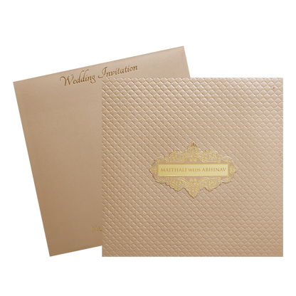 Beige Cream Floral Embossed Padded Wedding Card-KMMWD1128