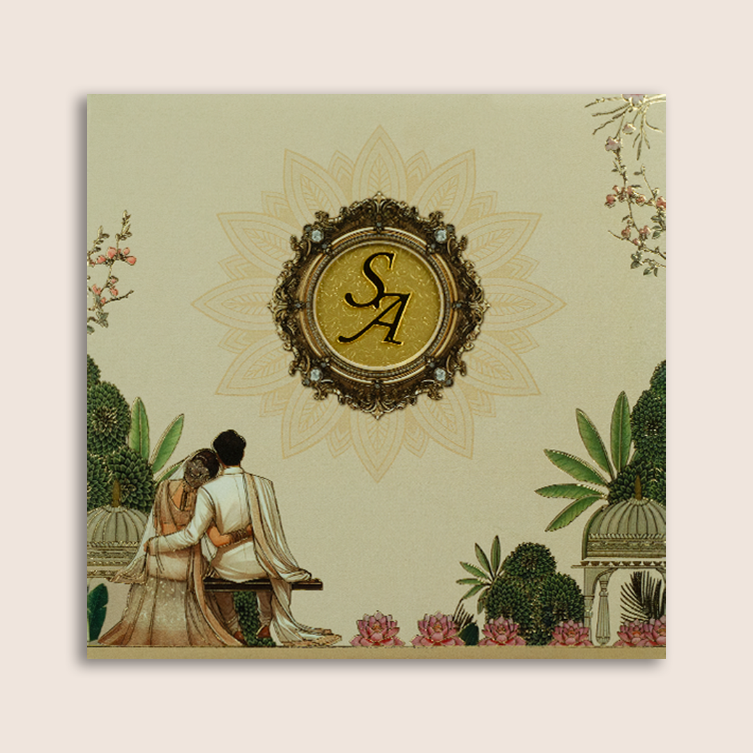 Cream Embossed Bride Groom Floral Padded Invitation Card - KPR026040