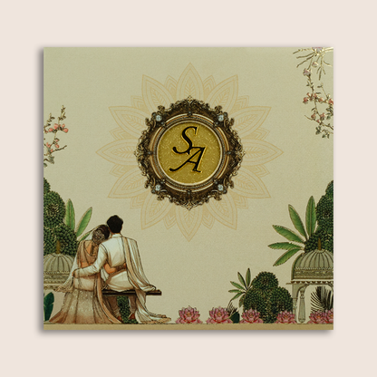 Cream Embossed Bride Groom Floral Padded Invitation Card - KPR026040