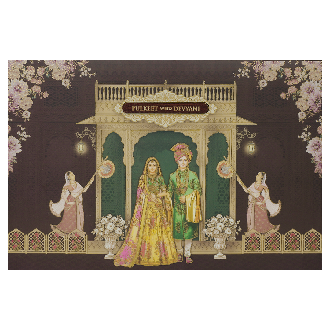 Brown Gold Stage Bride Groom Floral Padded Wedding Card-KJTS1826