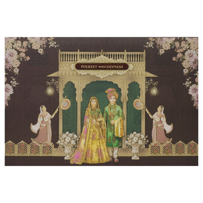 Brown Gold Stage Bride Groom Floral Padded Wedding Card-KJTS1826