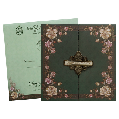 Green Floral Padded Wedding Card - KSH72780