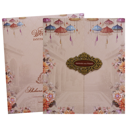 Cream Umbrella Floral Door Wedding Invitation Card - KVN07630