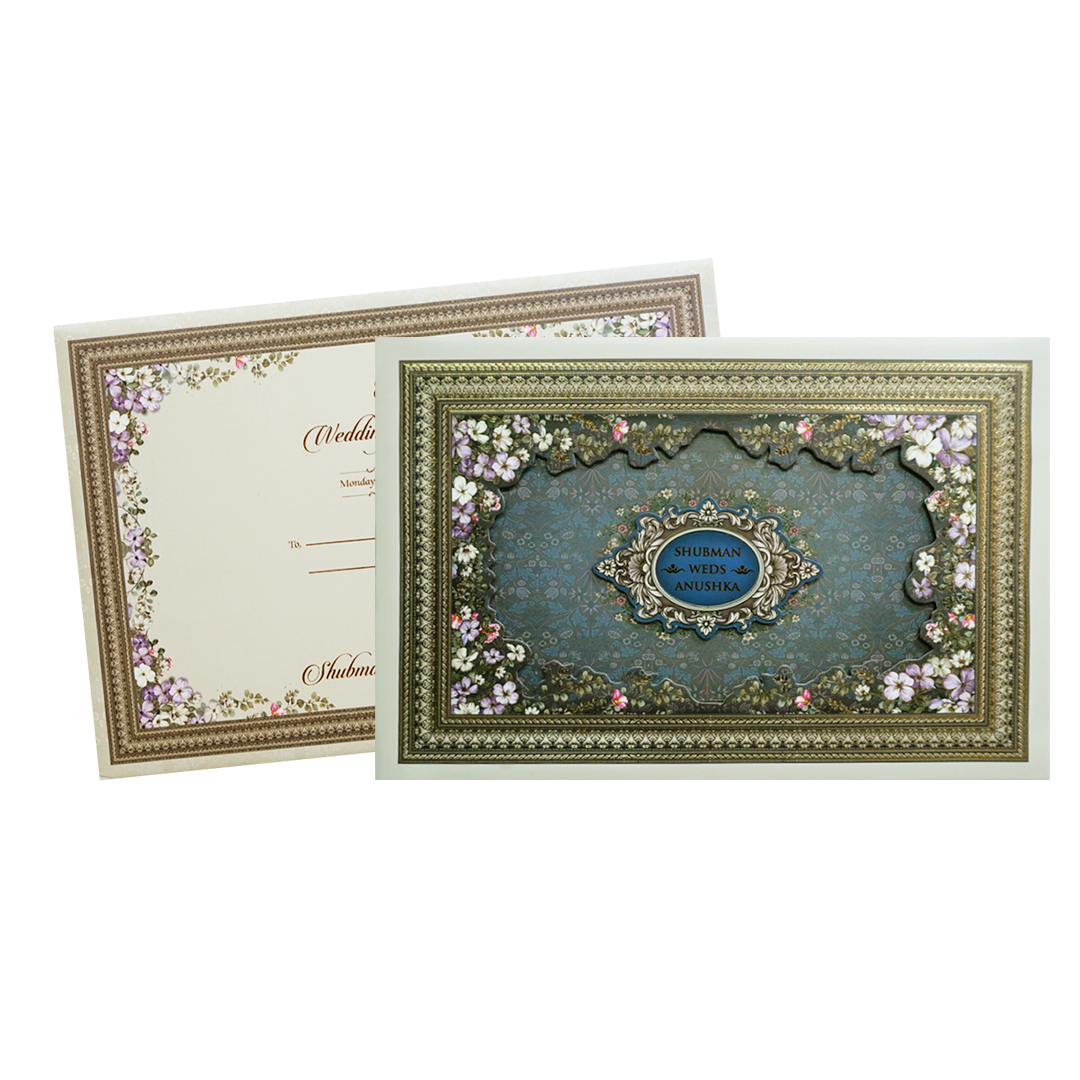 Grey Padded Embossed Floral Cutout Wedding Invitation Card-KRB09630