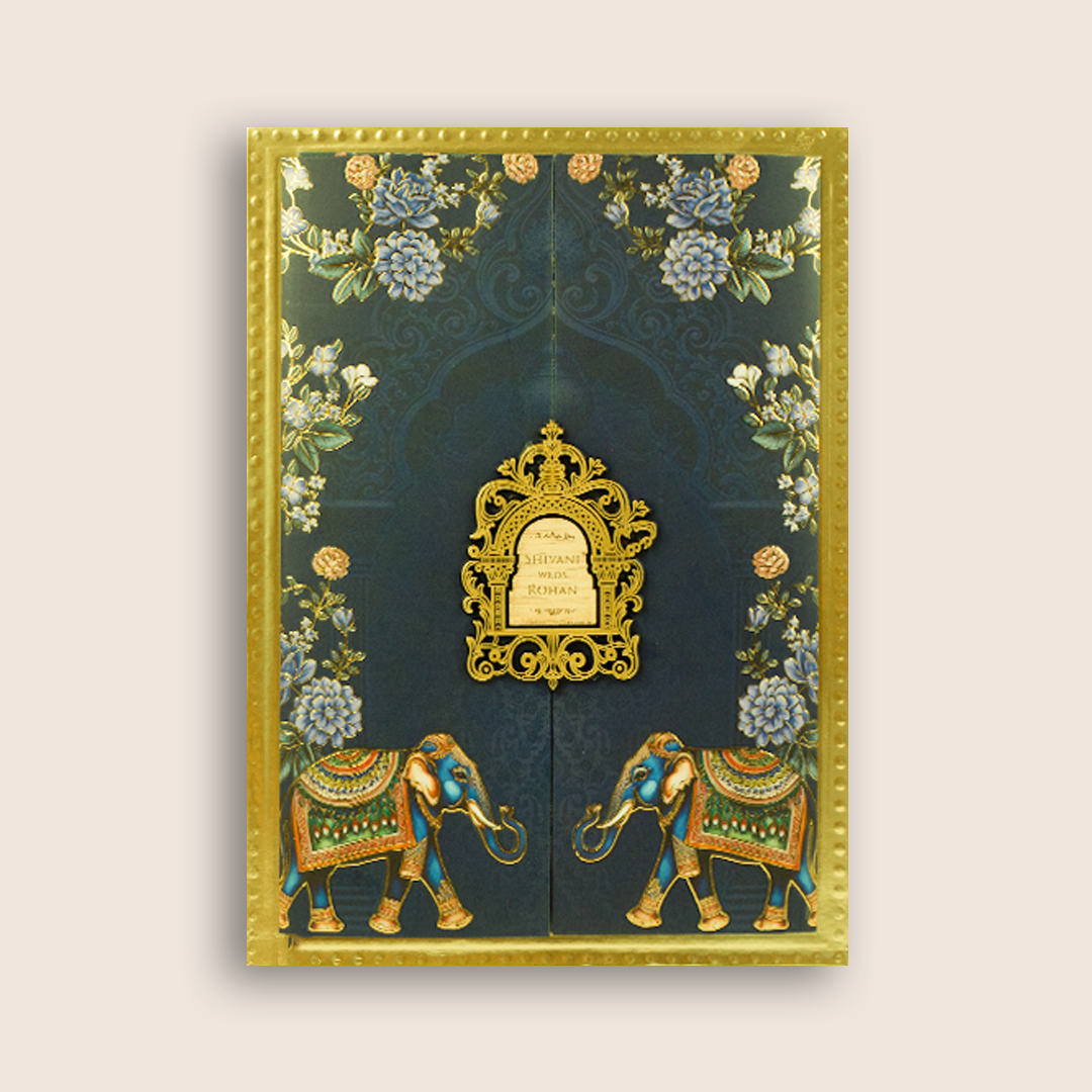 Navy Blue Embossed Elephant Wedding Invitation - KVN07960
