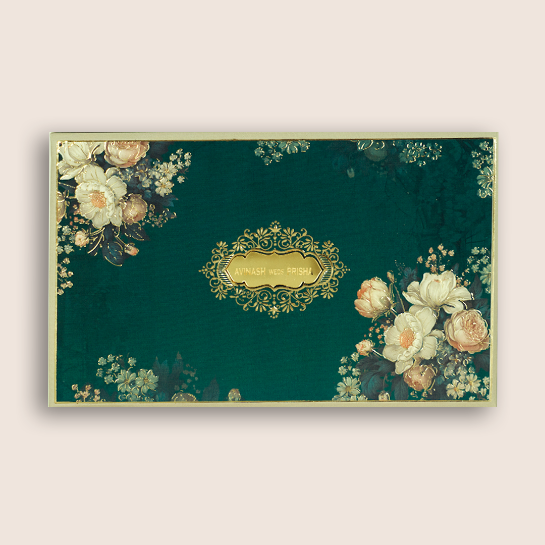 Green Embossed Floral Luxury Wedding Invitation Box - KSI32730