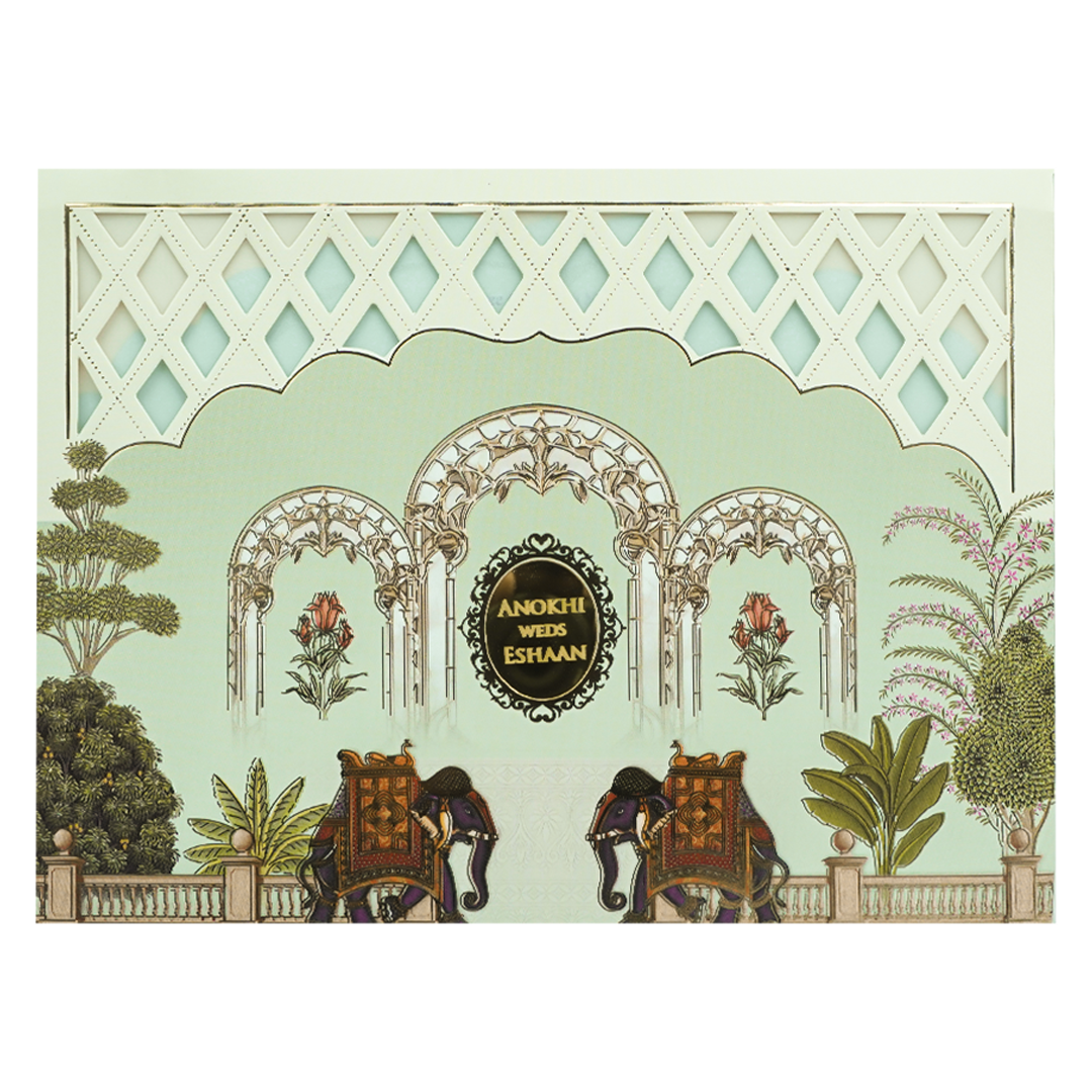 Green Palace Arch Royal Elephant Wedding Card-KJTS3679