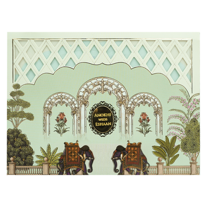 Green Palace Arch Royal Elephant Wedding Card-KJTS3679