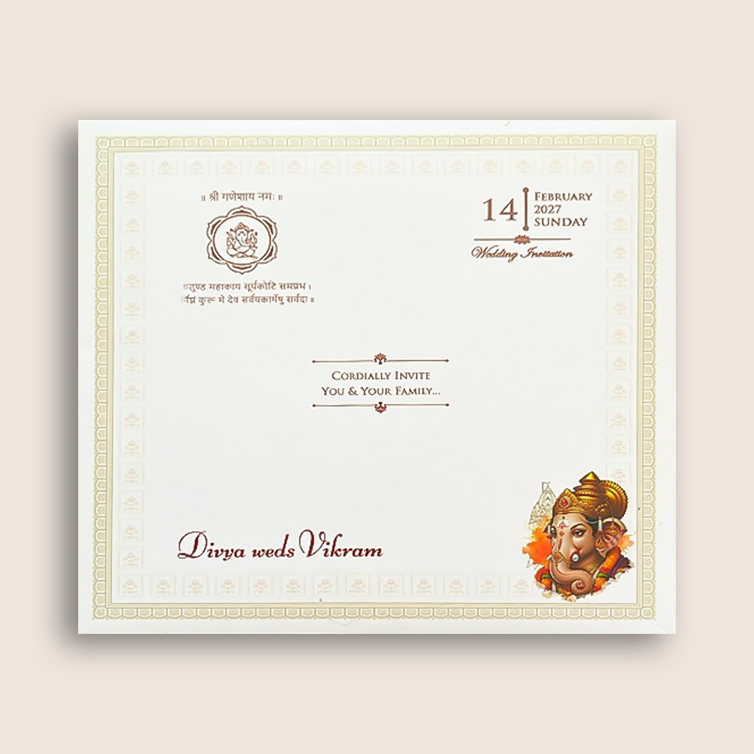 White Ganesha Floral Wedding Card - KNKD8115