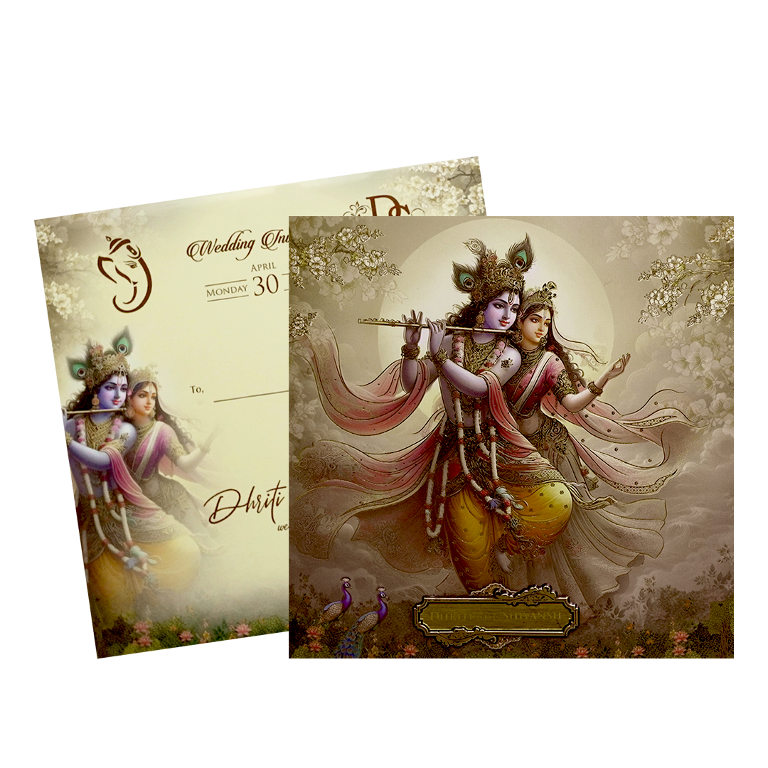 Yellow Radha Krishna Padded Wedding Card - KSH72680