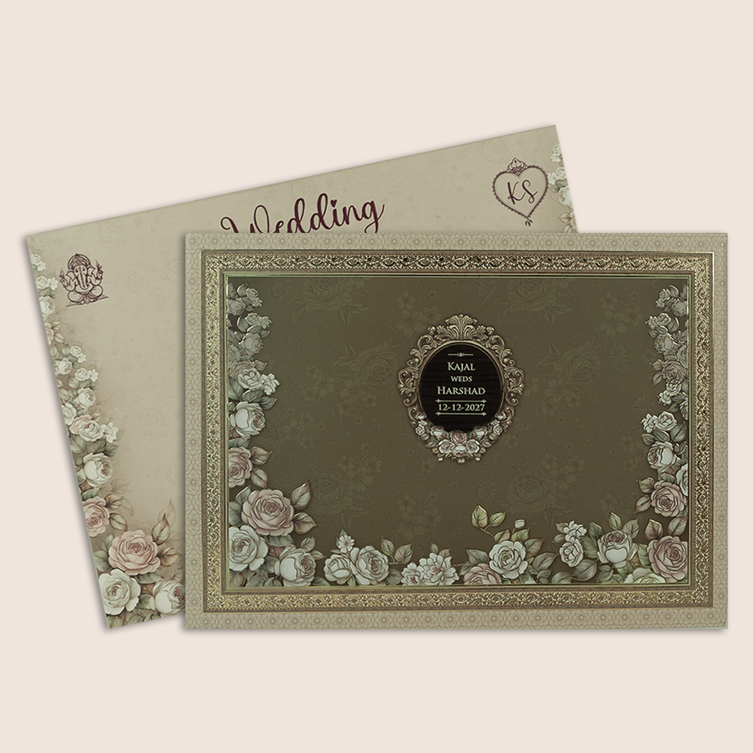 Brown Embossed Floral Padded Marriage Invitation - KSH18930