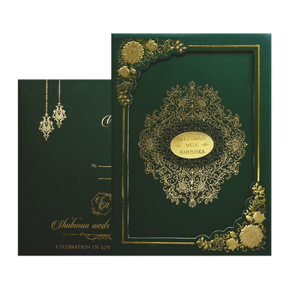 Royal Green Floral PaddedWedding Card-KRB09672