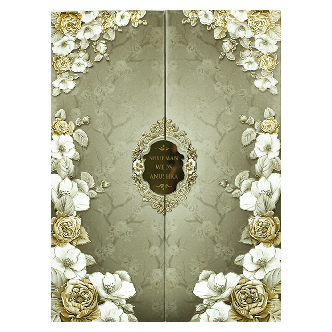 Green Floral Rose Padded Wedding Card-KRB09230