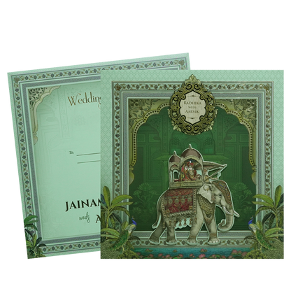 Green Royal Elephant Padded Wedding Card - KSH72650