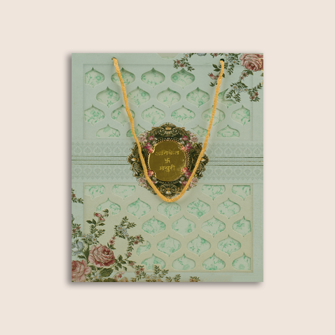 Pastel Blue Floral Laser Cut Bag Style Wedding Card - KJTS1838