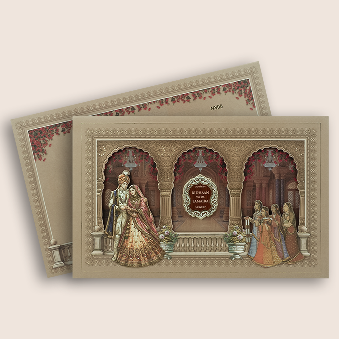 Pastel Brown Bride Groom Laser Cut Padded Invitation Card - KVN08080