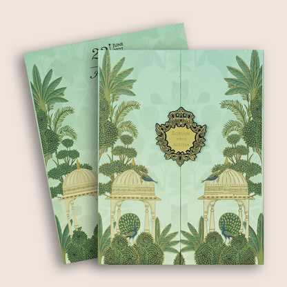 Pastel Green Jharokha Door Style Padded Wedding Card - KFR16420