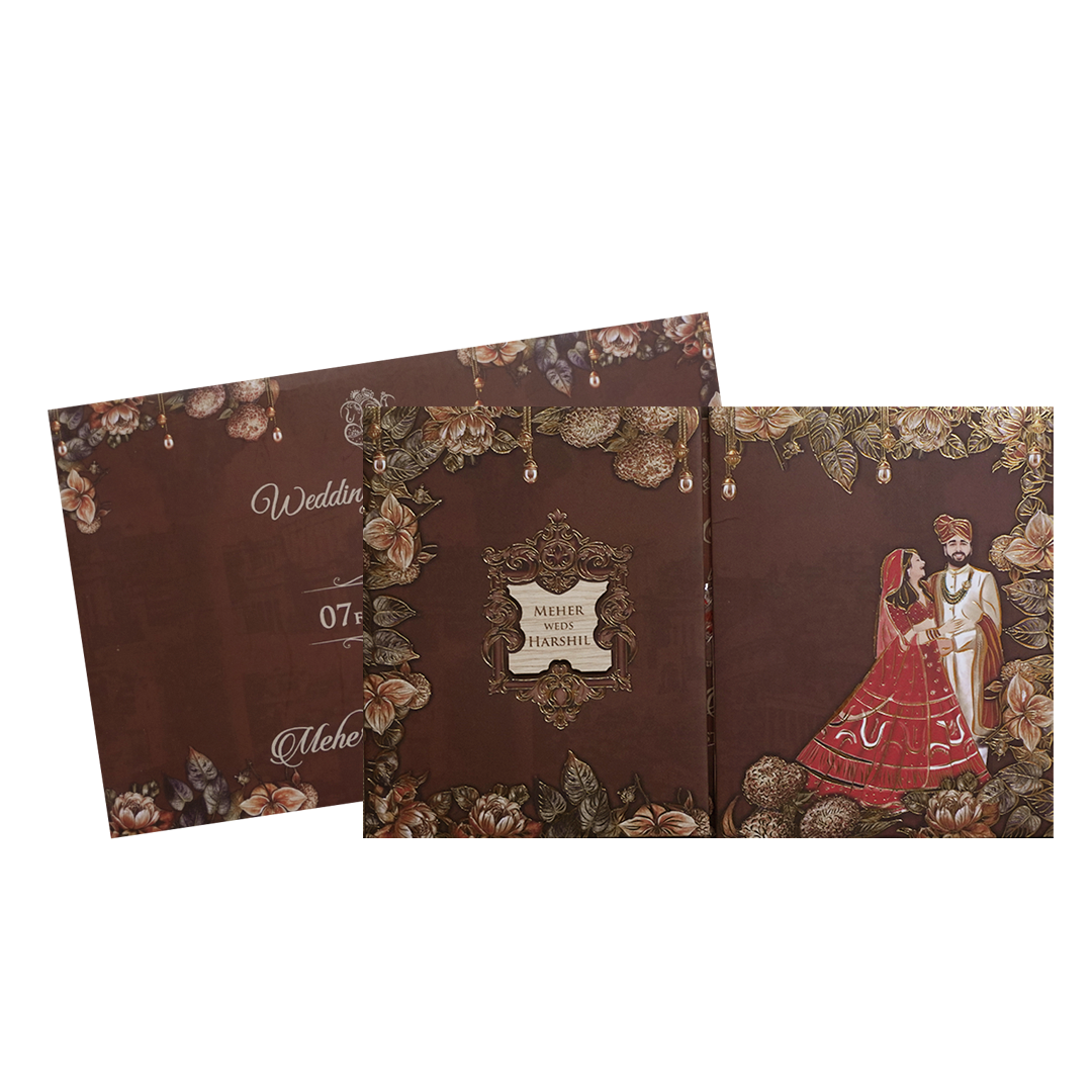 Maroon Couple Floral Padded Wedding Invitation Card -KVN07420
