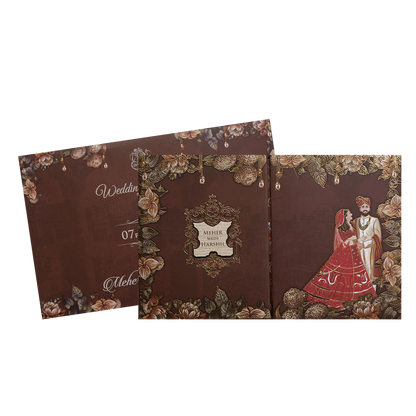 Maroon Couple Floral Padded Wedding Invitation Card -KVN07420