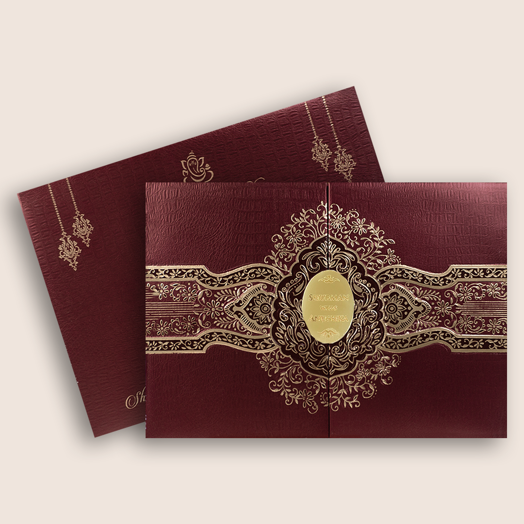 Maroon Floral Door Style Padded Wedding Invitation - KRB10500
