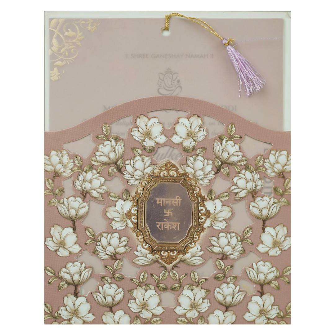 Pink Floral Laser Cut Wedding Card-KJTS1778