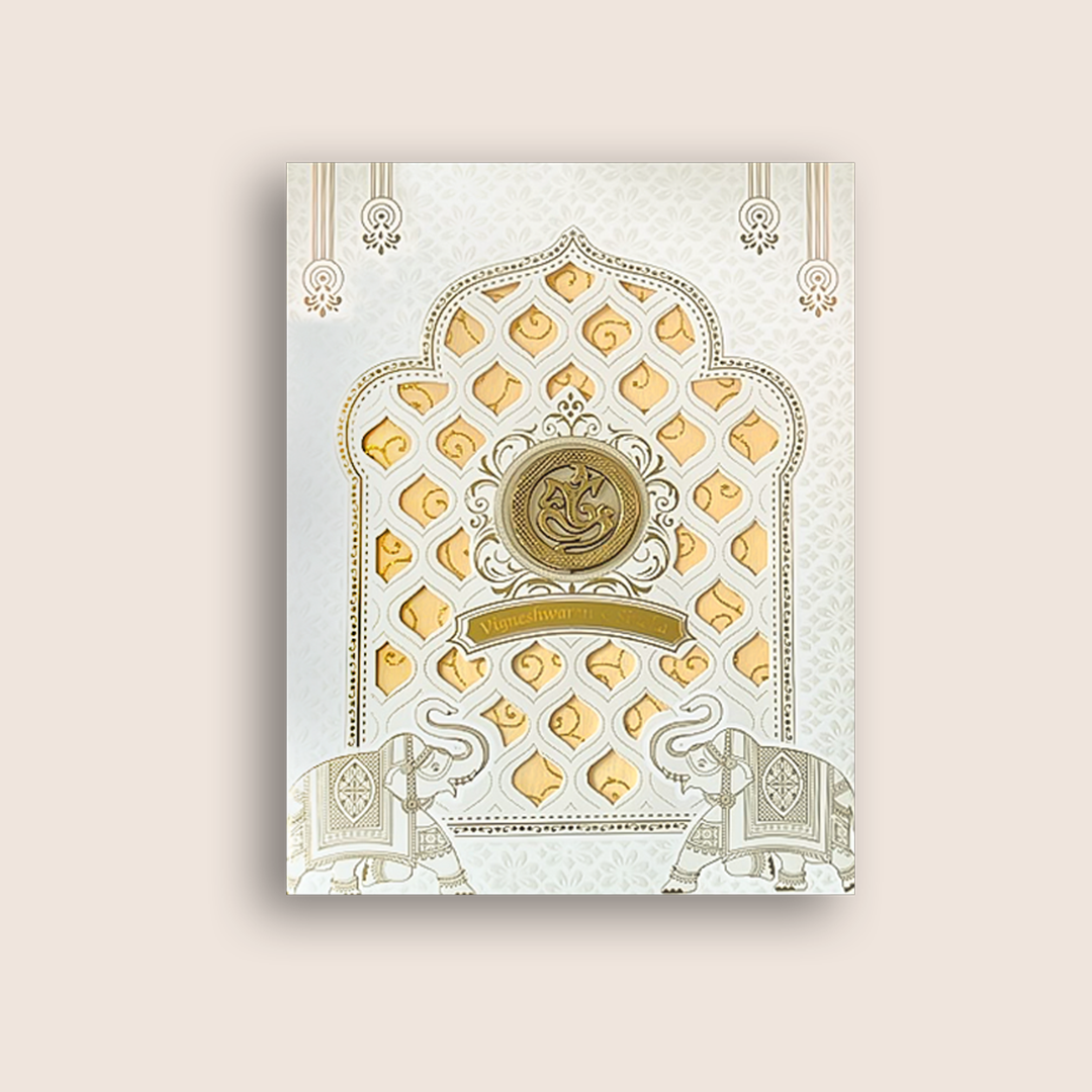 White Embossed Elephant Laser Cut Wedding Card - KNK7082W