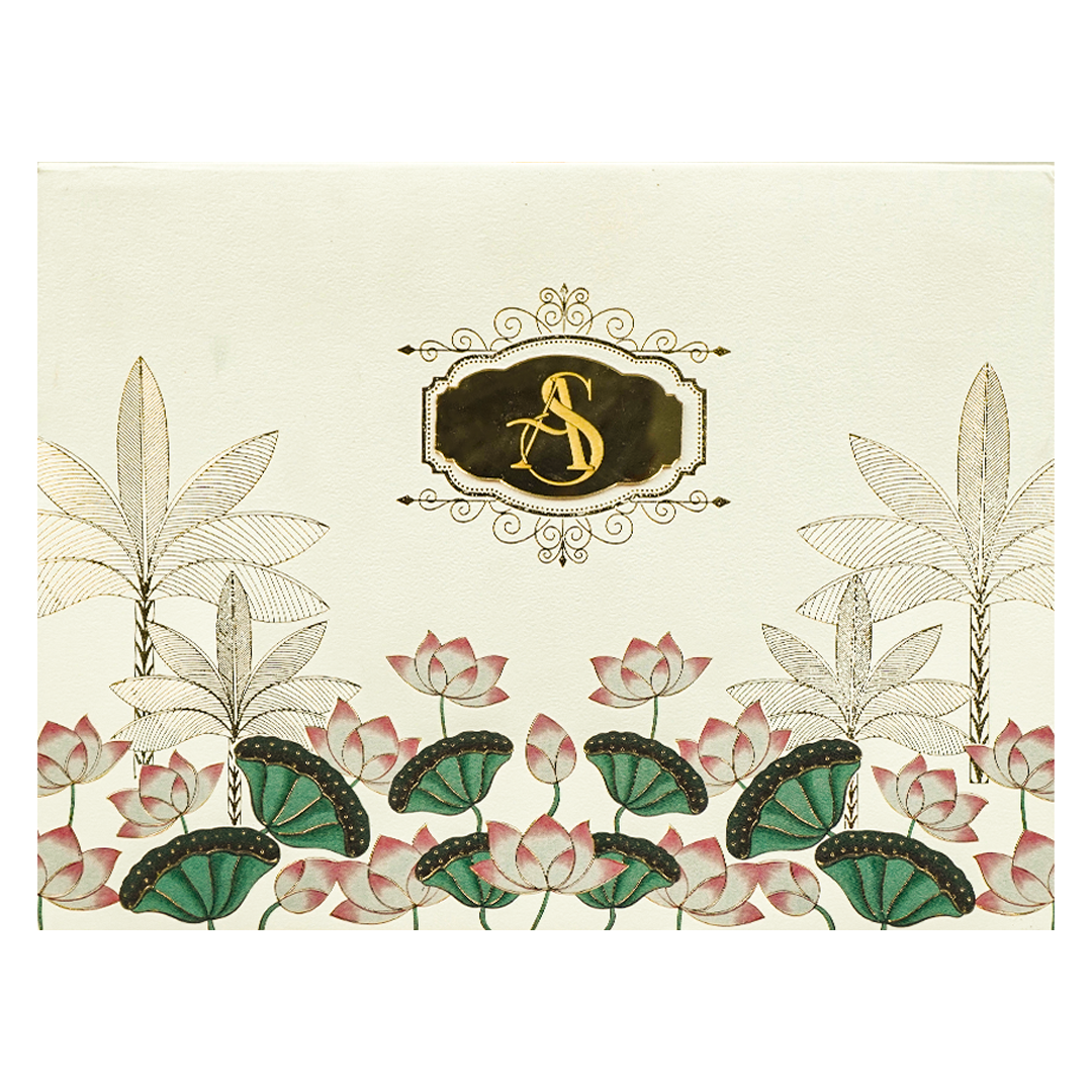 Cream Lotus Floral Padded Wedding Card - KBM05270