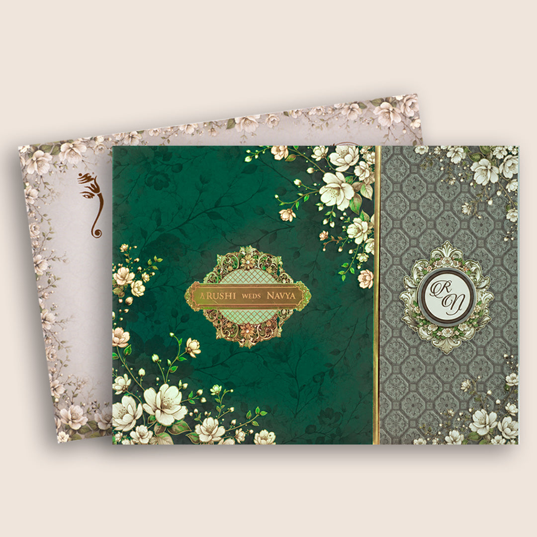 Green Floral Padded Door Style Wedding Card - KSH27030