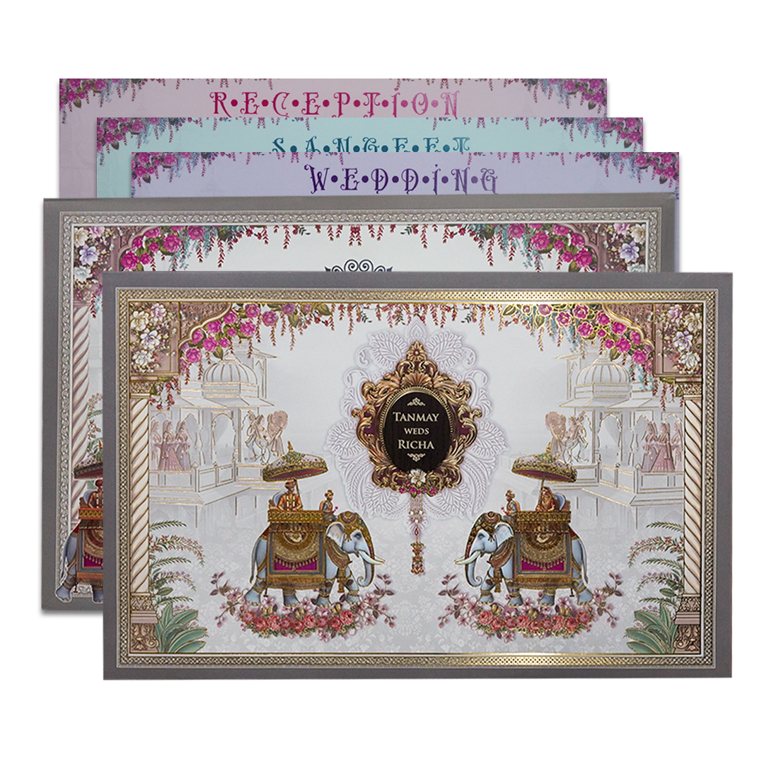 White Palace Elephant Padded Wedding Card-KSH72100