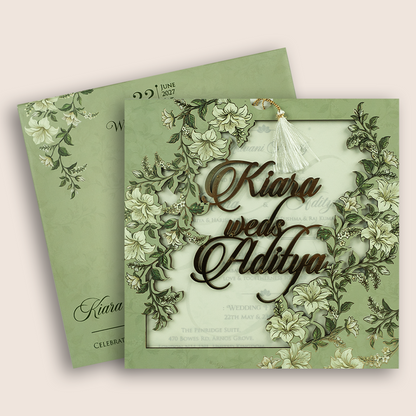 Green Lilly Flower MDF Laser Cut Wedding Card - KFR17120