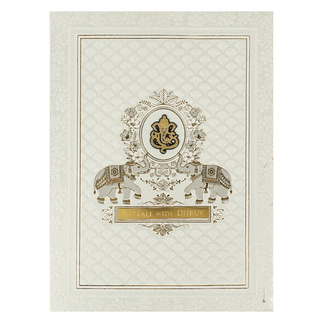 White Ganesha Embossed Padded Wedding Card-KRE28160