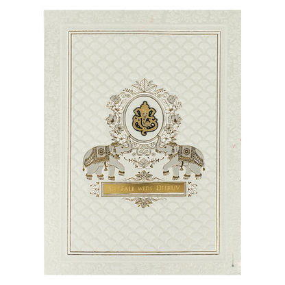 White Ganesha Embossed Padded Wedding Card-KRE28160