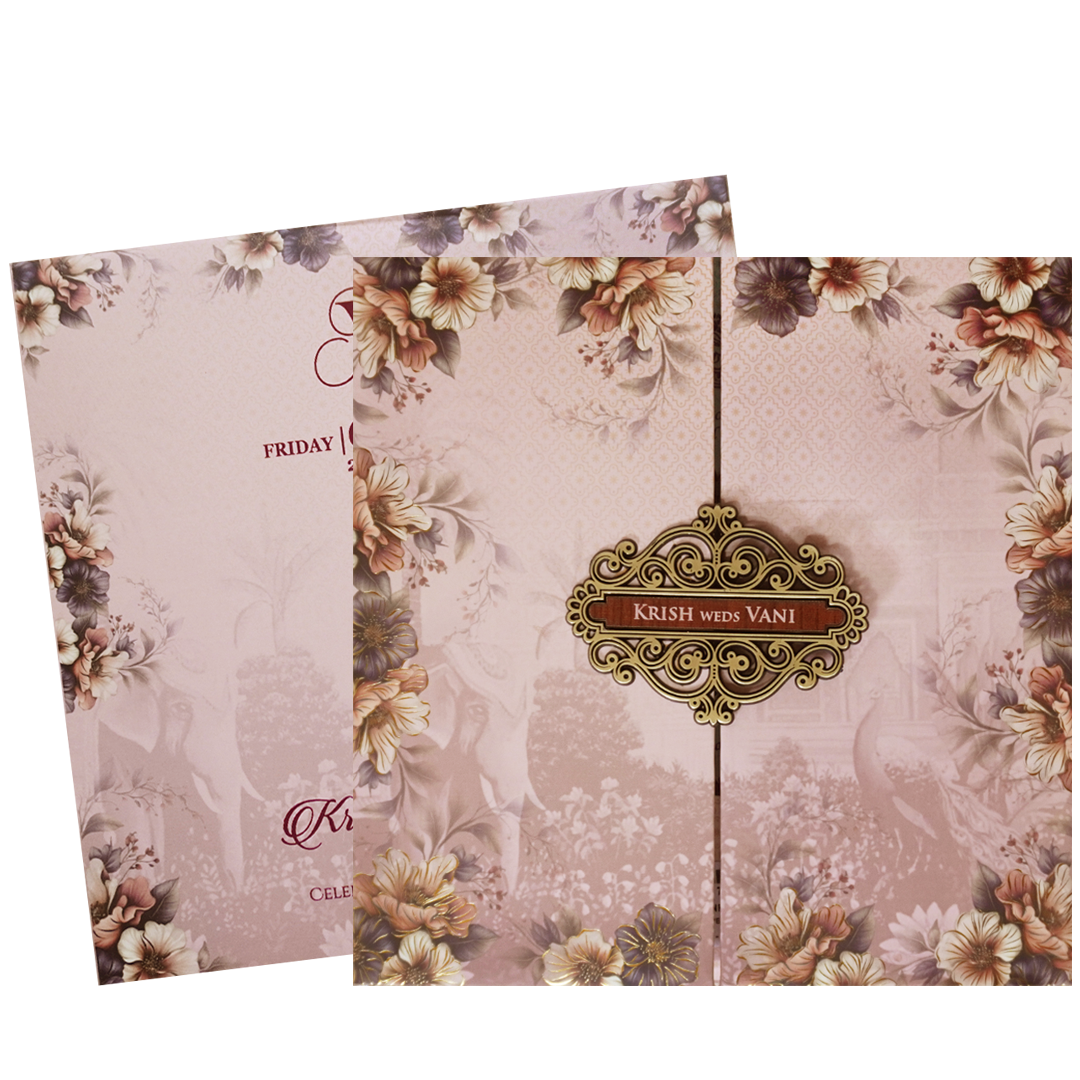 Pink Padded Floral Door Wedding Card - KVN07650
