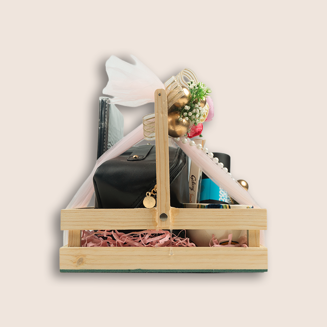 Beige Floral Wooden Gift Hamper Basket - KLGH0140