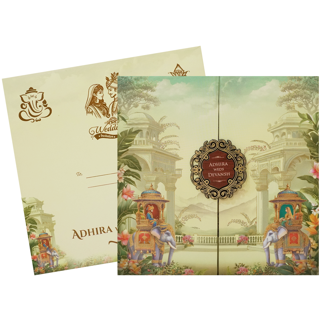 Royal Procession Elephant Padded Wedding Card - KSH72770