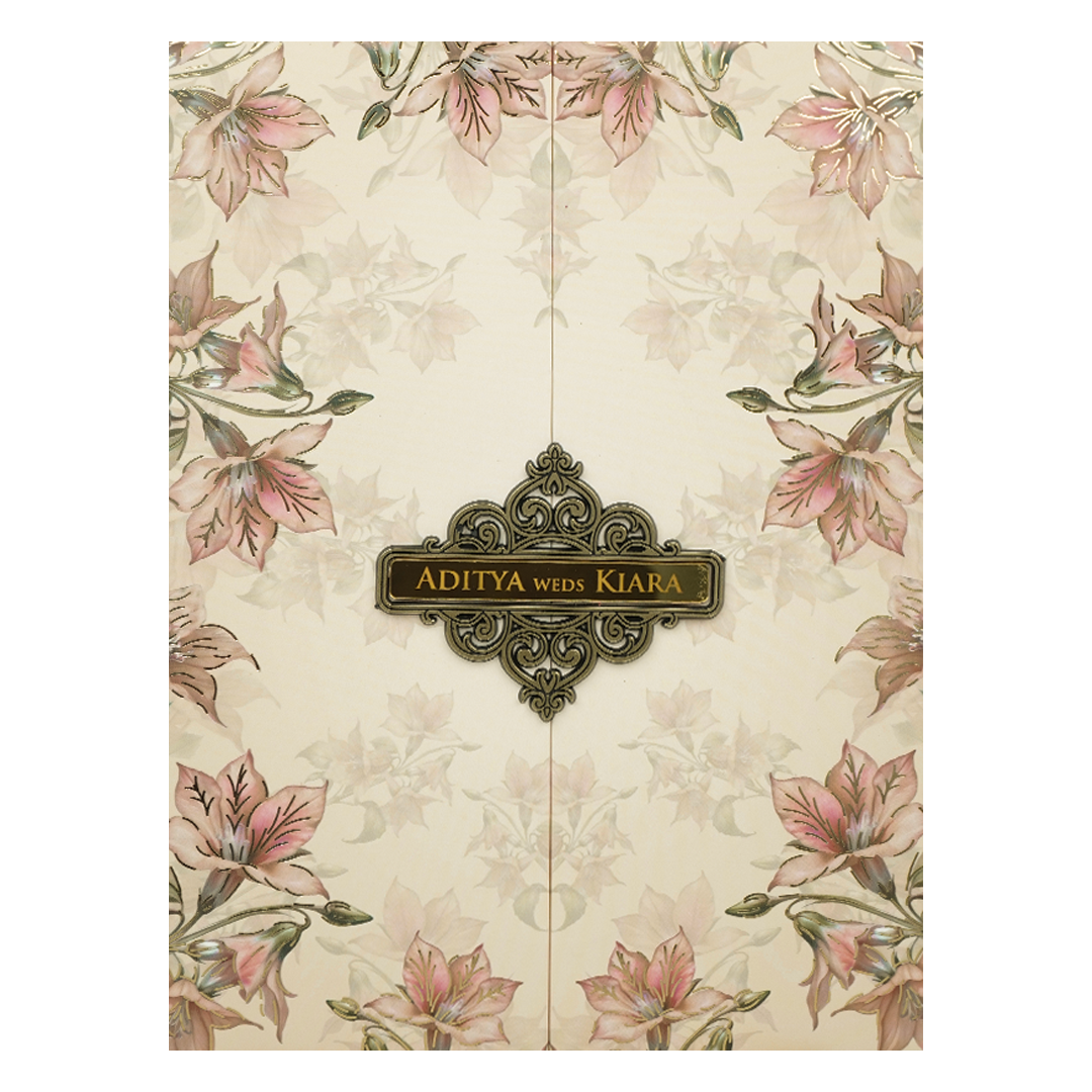 Pastel Peach Lily Floral Padded Wedding Card-KFR16280