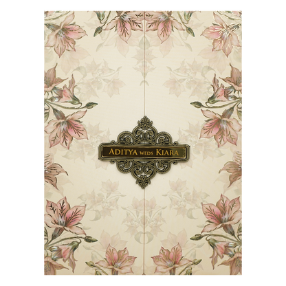 Pastel Peach Lily Floral Padded Wedding Card-KFR16280
